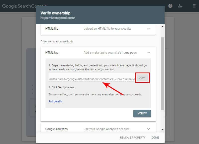 Copy the HTML meta tag on Google Search Console