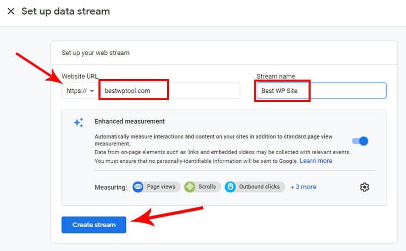 Enter your Website URL and Stream Nam on Google Analytics