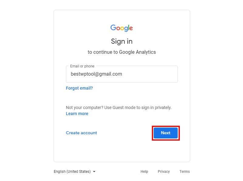 Google Analytics signup using gmail or gsuite account