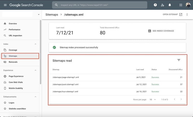 Google Search Console Sitemaps Panel showing the sitemaps that have been indexed