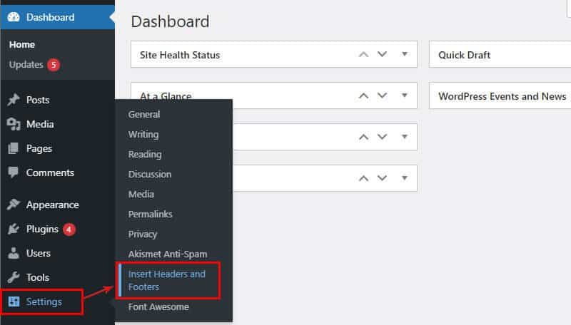 Insert Headers and Footers Menu in WordPress Dashboard