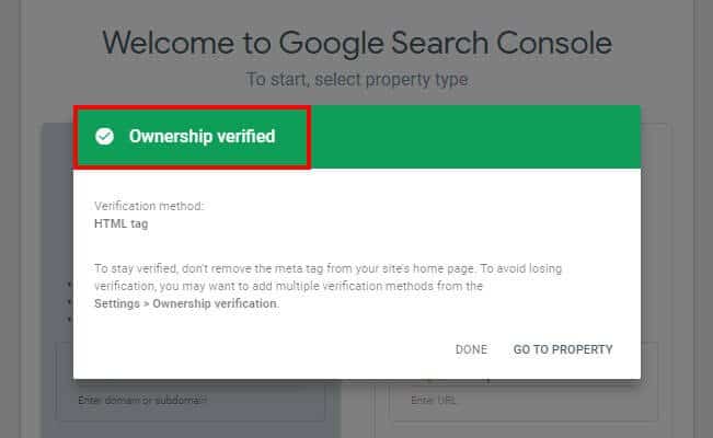 Ownership Verified Message on Google Search Console