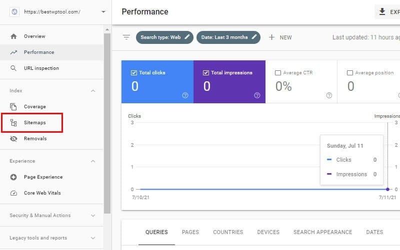 SiteMaps Menu on Google Search Console Dashboard