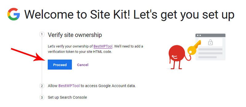 Start Setup by verifying your site Ownership in Site Kit
