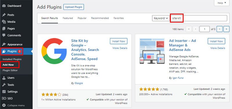 WordPress admin dashboard for installing Site Kit by Google