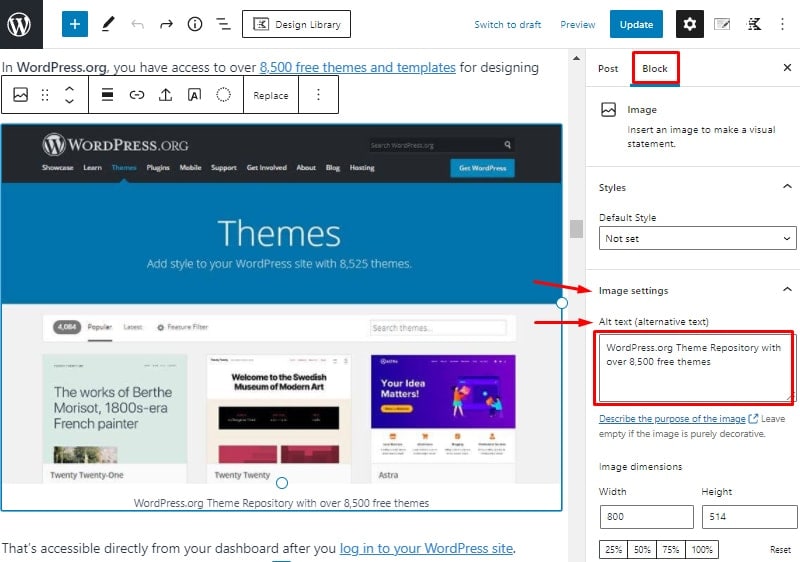 alt text of image in WordPress editor on page seo