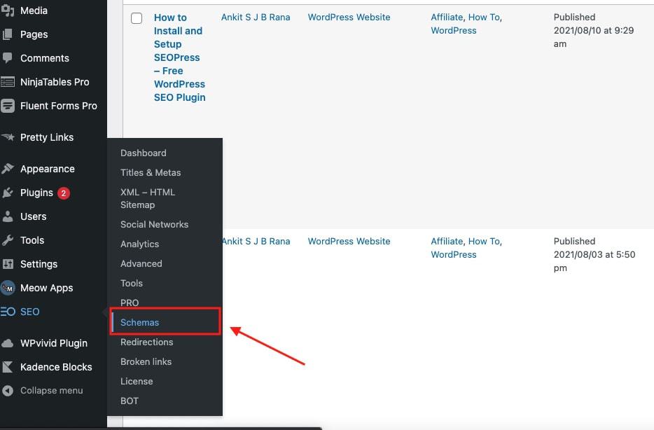 seopress schemas navigation menu on page seo