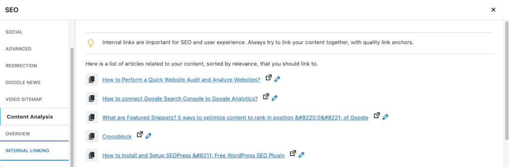 seopress internal link suggestion meta box google ranking factors