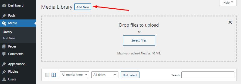 click add new from the media library dashboard