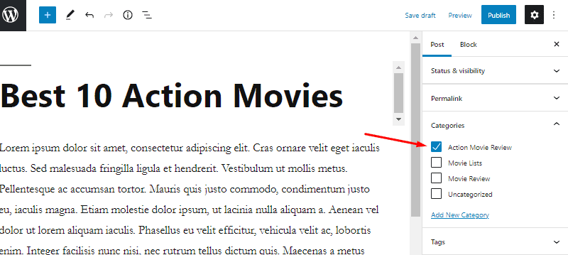 select post category inside wordpress gutenberg editor