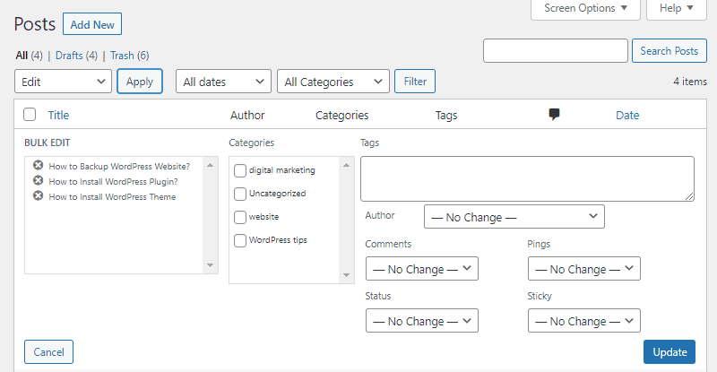 wordpress bulk edit posts dashboard