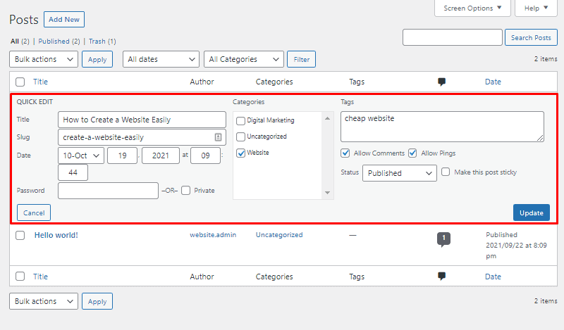wordpress quick edit posts editing dashboard