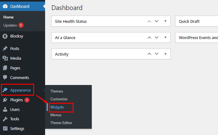 go to widgets wordpress widget settings
