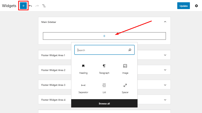 see available widgets with the plus button wordpress widget settings