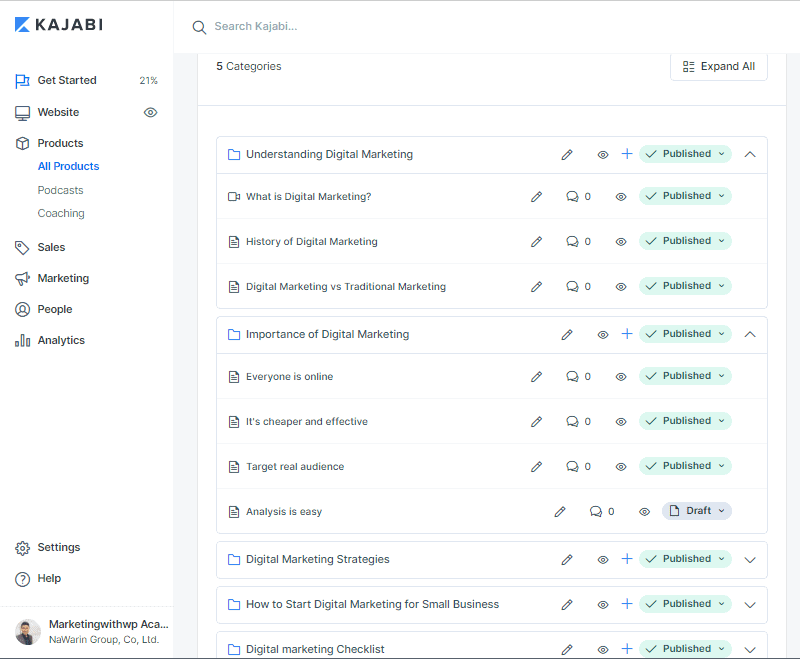 kajabi review course with multiple categories and posts