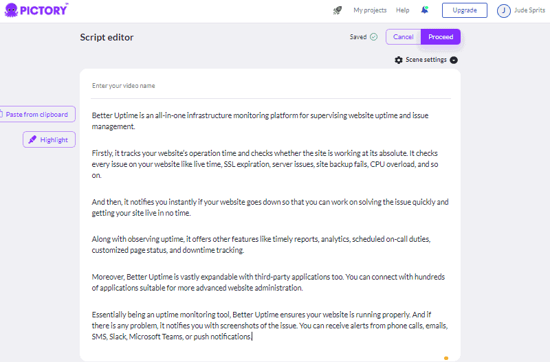 pictory review enter script for creating video